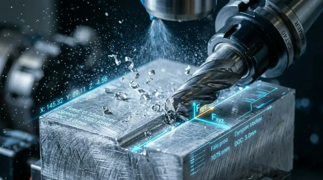 A close-up of a high-precision CNC tool bit cutting aerospace-grade aluminum with blue data-stream overlays