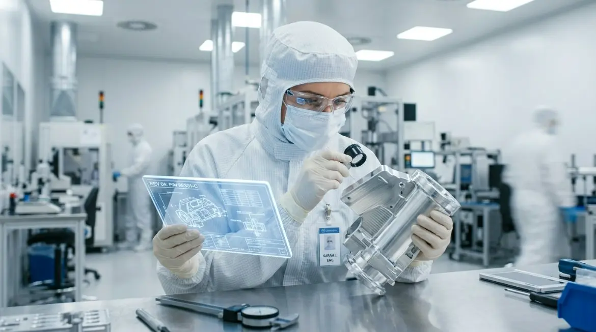 Engineer in a cleanroom environment inspecting a carbon-neutral certified CNC part with a digital tablet