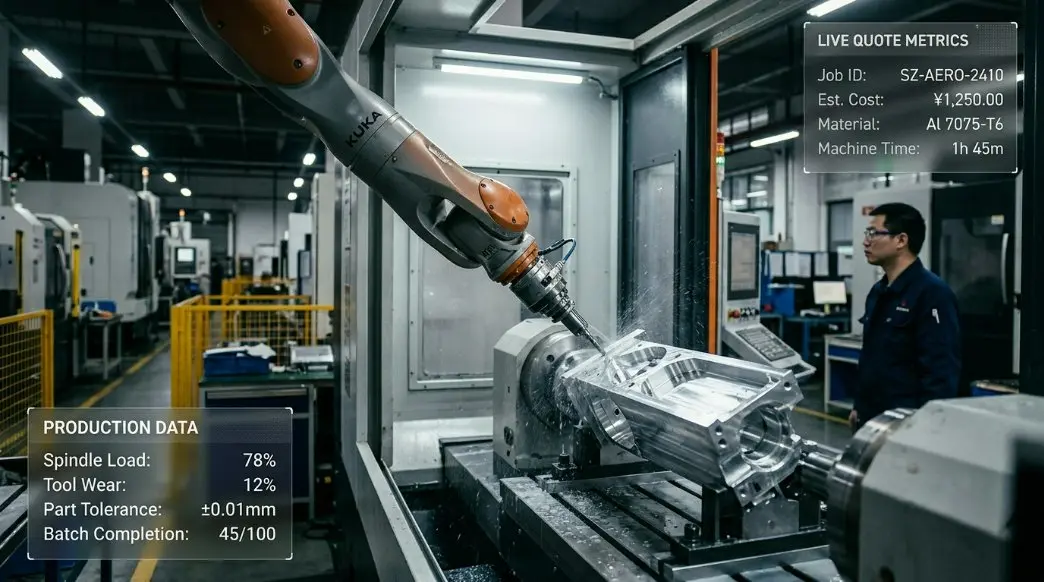 A high-tech CNC machining facility in China showing robotic arms and precision metal parts with digital AI overlays for quoting statistics.